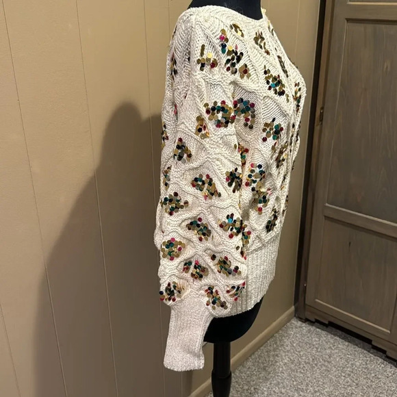 Anthropologie Lara ivory soft silky diamond pattern knit sequen accent sweater S - Picture 5 of 9